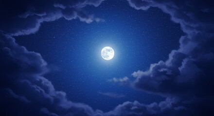 Obraz premium Full bright moon shining in dark night sky framed by dramatic cloud. Astronomical phenomenon for backdrop, poster, or mystical night concept.