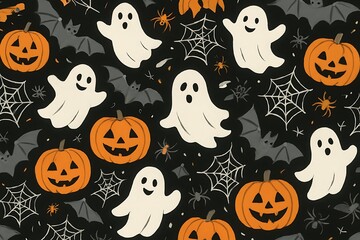 Halloween Extravaganza Spooky Ghost & Pumpkin Pattern Design with Bats and Cobwebs, A Whimsical Celebration of Halloween's Charm