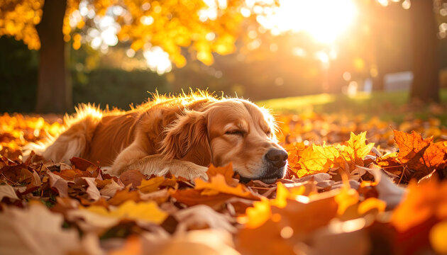 Peaceful Golden Retriever dog sleeping in vibrant autumn leaves under golden sunlight