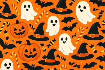 Playful Halloween seamless background with adorable cartoon ghosts, carved pumpkins, magical witch hats, flying bats, and festive sweet treats