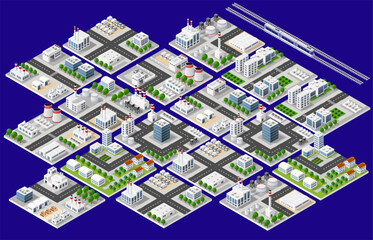 Industrial city blocks expanding with factories, offices, and railway passing through