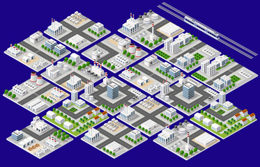 Industrial city blocks expanding with factories, offices, and railway passing through