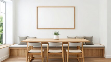 Fototapeta premium Modern dining room with a wooden table, chairs, and a large empty picture frame on the wall