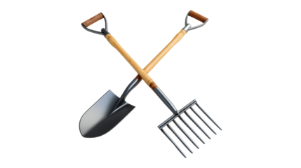 Shovel and Garden Fork Crossed Gardening Tools Wooden Handles Black Background