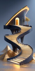 Surreal 3D Render of Grand Piano with Staircase and Tiny Door, Minimal Stage with Warm Tungsten Rim Light | Abstract Conceptual Art