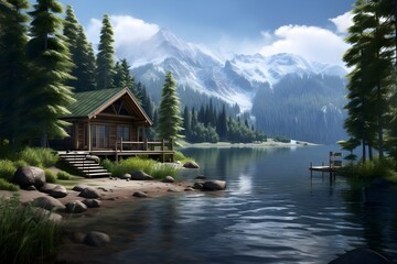 Obraz premium Tranquil Lakeside Cabin Surrounded by Nature, Serene Retreat for Solitude and Relaxation, Scenic Wilderness Escape Captured in Stunning 8K Ultra High Resolution
