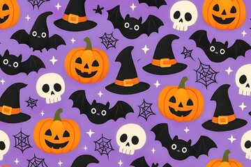 Halloween Pattern with Pumpkins, Bats, and Witch Hats on Purple Background, Halloween Illustrations Seamless for Fabric, Card, Packaging