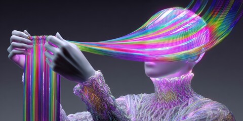 Surreal Rainbow Light Knitting Hands on Dark Background with Rim-Lit Threads | Abstract Fiber Art Conceptual Photography