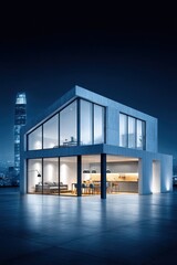 Futuristic Smart Home Interior with Eco-Friendly Design and Transparent Solar Windows Emitting Soft Light