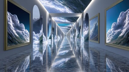 Surreal Weather Gallery: Absurdist Museum Hallway with Weather System Paintings and Polished Floor Reflections