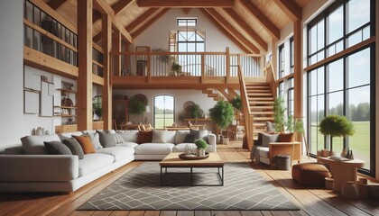 Fototapeta premium Spacious modern living room with large windows, wooden beams, and comfortable sectional sofa, inviting natural light and scenic views