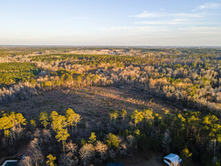 Aerial landscape rural neighborhood winter after Hurricane Helene in Appling Augusta Georgia