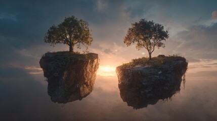 Two solitary trees atop floating islands hover serenely amid a cloudy sky at sunset, creating a surreal, dreamlike, and peaceful vista