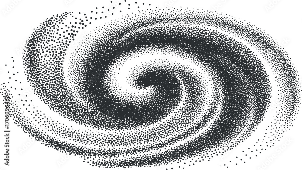 Poster a stylized representation of a spiral galaxy with swirling dots creating a cosmic effect