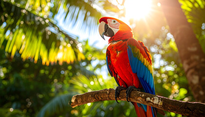 Vibrant Macaw Parrot Perched on Branch in Sunny Tropical Jungle