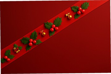 Elegant deep red holiday design featuring a diagonal ribbon with traditional Christmas holly, festive berries, and shining golden ornaments