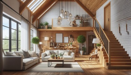 Fototapeta premium Spacious loft living room with high ceilings, exposed wooden beams, and a cozy seating area