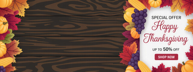 Happy thanksgiving sale banner with pumpkins, corn, and grapes on wood background