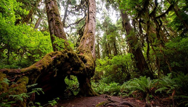 Moss-covered tree trunk in a lush, green temperate rainforest - Powered by Adobe