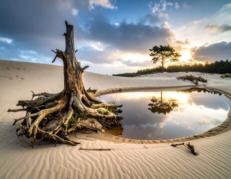 Sunrise over a serene sand dune with a tranquil pool and a weathered tree stump