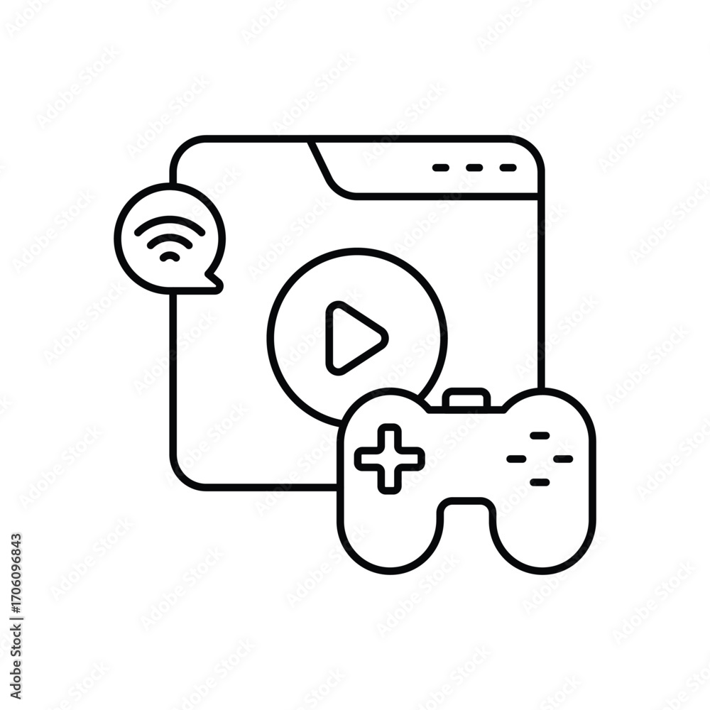 Poster gaming icon a screen with play button a joystick and a wifi signal speech bubble