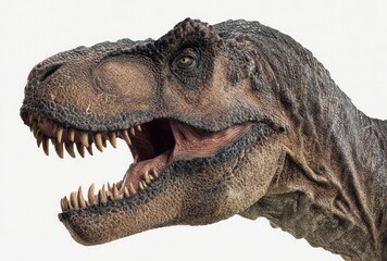 A detailed close-up of a Tyrannosaurus Rex head shows textured brown skin, sharp teeth, and a menacing yellow eye against a plain white backdrop