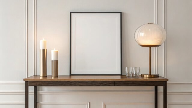 Elegant console table with empty frame, candles, and lamp in a sophisticated interior setting