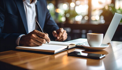 Businessman Writing in Notebook with Coffee and Laptop