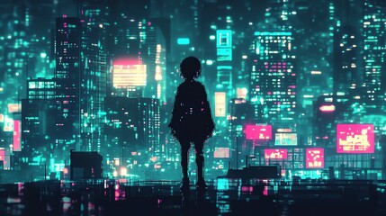 Fototapeta premium An 8-bit pixel art robot stands proudly amid a vibrant futuristic pixel city, illuminated by glowing neon lights in retro cyberpunk style.