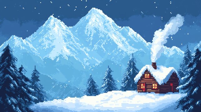 Charming 8-bit pixel art depicts a snowy mountain scene with a cozy cabin and smoke rising from its chimney, evoking retro nostalgia.
