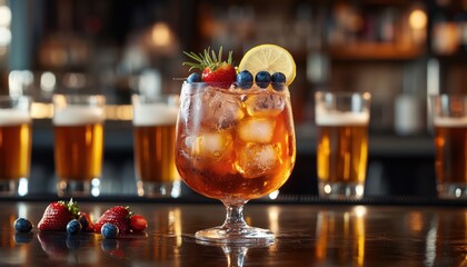 Exquisite Cocktail In A Stemmed Glass With Ice, Lemon, Strawberry, Blueberry, Rosemary, And A Tiny Red Flower. Set In A Cozy Bar With Beer Glasses.