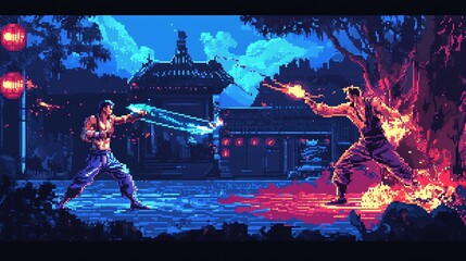 Colorful 8-bit pixel art fighters clash in a vibrant arcade-style battle arena, complete with neon lights and retro gaming nostalgia.