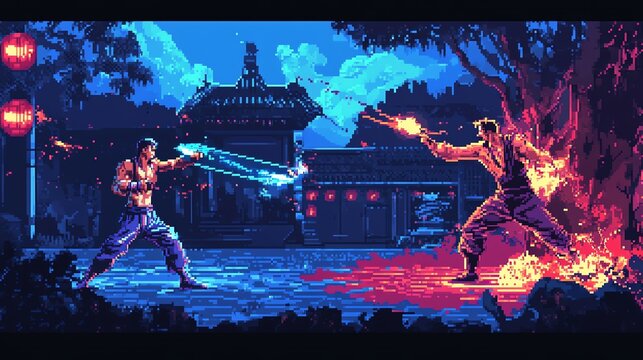 Colorful 8-bit pixel art fighters clash in a vibrant arcade-style battle arena, complete with neon lights and retro gaming nostalgia. - Powered by Adobe