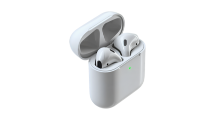 White Apple AirPods in charging case wireless earbuds technology audio music listening device
