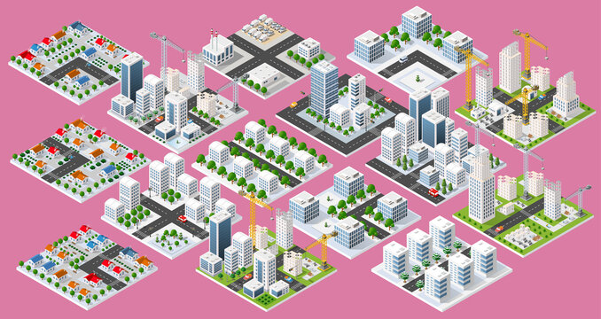 Set of isometric city with snowy streets and buildings under construction