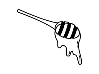 Honey spoon doodle icon. Sketch of wooden Stick with syrup drip. Hand drawn vector illustration on a white background.