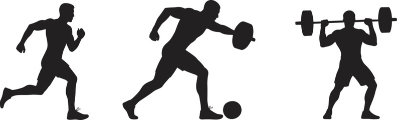 Black silhouette vector of athletes running, playing soccer, and lifting weights, showcasing fitness, sports action, strength, and active lifestyle
