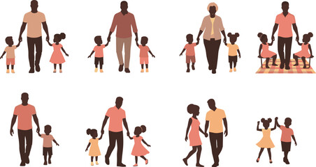 Family bonding vector illustration showing parents and children in various caring poses, highlighting parenting, love, support, and emotional connection