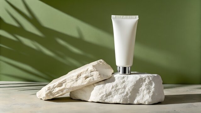 White cosmetic tube on stone pedestal with green background and plant shadows