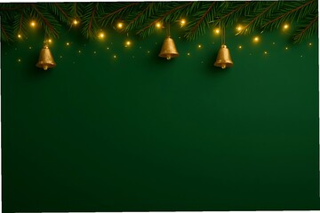 Festive holiday background design with hanging bells, twinkling lights, and evergreen branches against a rich green backdrop; perfect for Christmas greetings