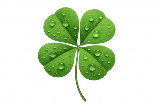 Verdant four-leaf clover glistening with water droplets, representing good luck against translucent backdrop