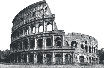 An artistic black and white illustration of the iconic Colosseum in Rome, showcasing its architecture.