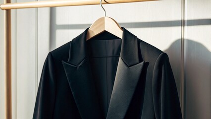 Black jacket on a wooden hanger in a wardrobe. Toned.