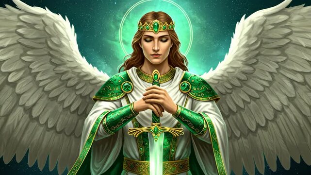Archangel Raphael with white wings and green robe resting hands on glowing sword. Divine protector warrior in celestial space background footage.