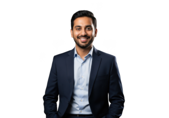 Smiling indian man in suit isolated on transparent background