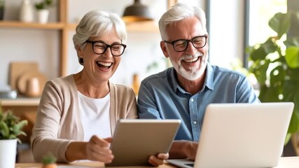 Happy senior couple laughing with using laptop tablet together at home, and retirement. - Powered by Adobe