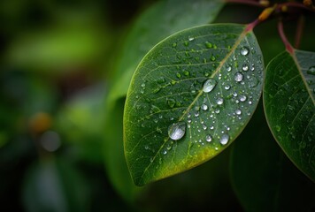 Lush green leaves covered in glistening water droplets sparkle against a blurred verdant backdrop, evoking freshness and natural beauty