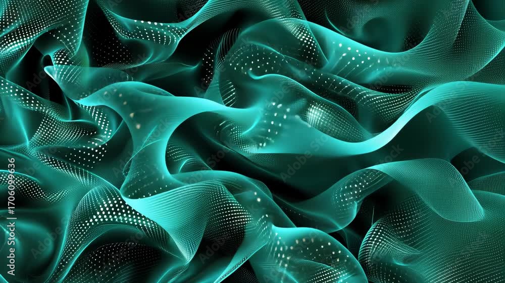Poster swirling teal waves undulate against a black background, showcasing fluid movement and dynamic patte