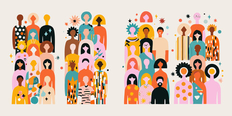 Diverse group of abstract people with varied skin tones and patterns celebrating unity and community