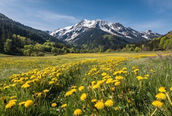 A blooming dandelion field nestled in a verdant valley, framed by pine forests and a snow-capped mountain range under a clear blue sky